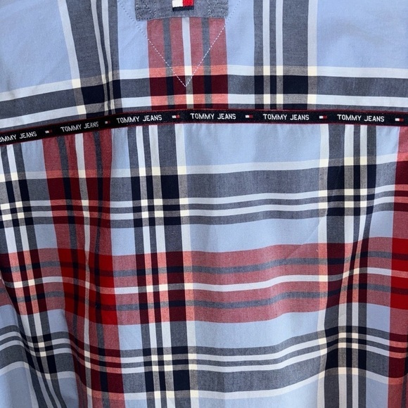 1990’s TOMMY JEANS RED & BLUE PLAID SS MED LOGO BUTTONED DOWN - Picture 9 of 14